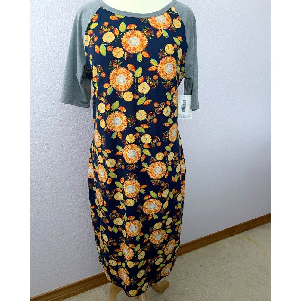 LuLaRoe Julia navy floral, gray raglan sleeves NWT